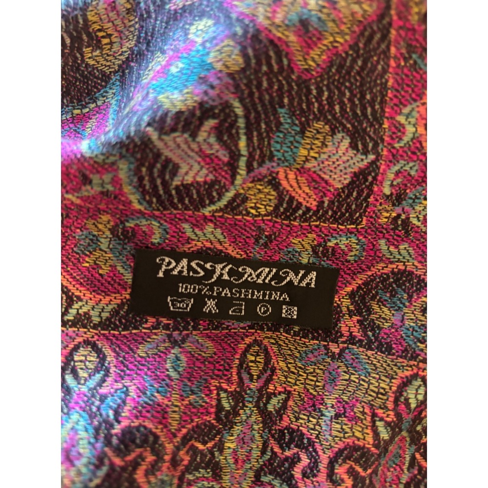 Pashmina 100% Pashmina Scarf Magenta Purple Paisley Floral Fringed Shawl Wrap - Picture 5 of 5